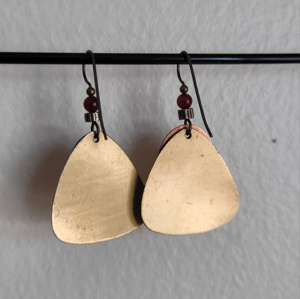 Brass and copper guitar pick southwestern dangle earrings - Picture 4 of 4